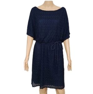 Jessica Howard Women's Size 12 Navy Blue Sheath Dress Lace Overlay Split Sleeve‎
